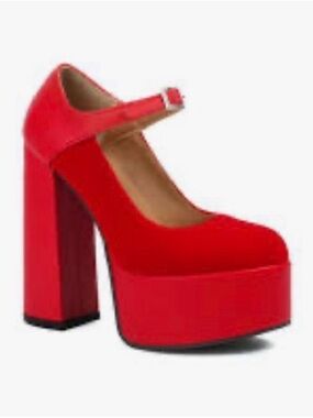 Qupid Red Matte Mary Jane Platform Pumps Chunky High Block Heel Shoes Size 9